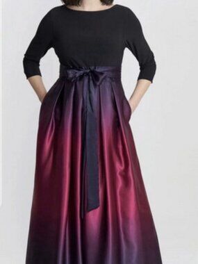 SLNY Fig Black Purple Burgundy Ombre Satin Long Sleeve Gown